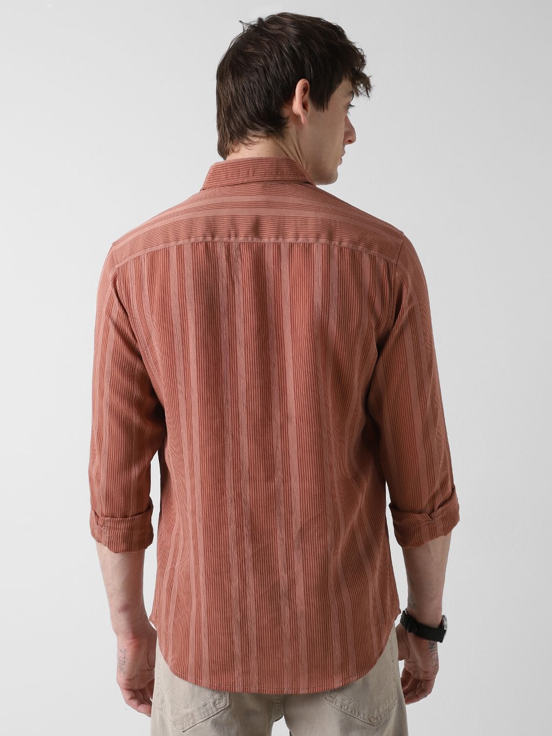 Dapper Brick Red Striped Crepe Shirt