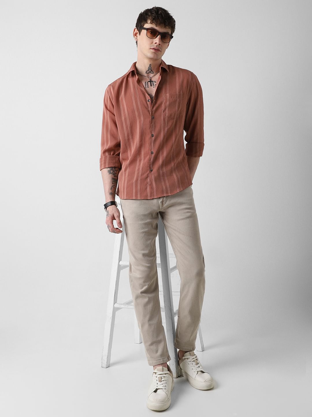 Dapper Brick Red Striped Crepe Shirt