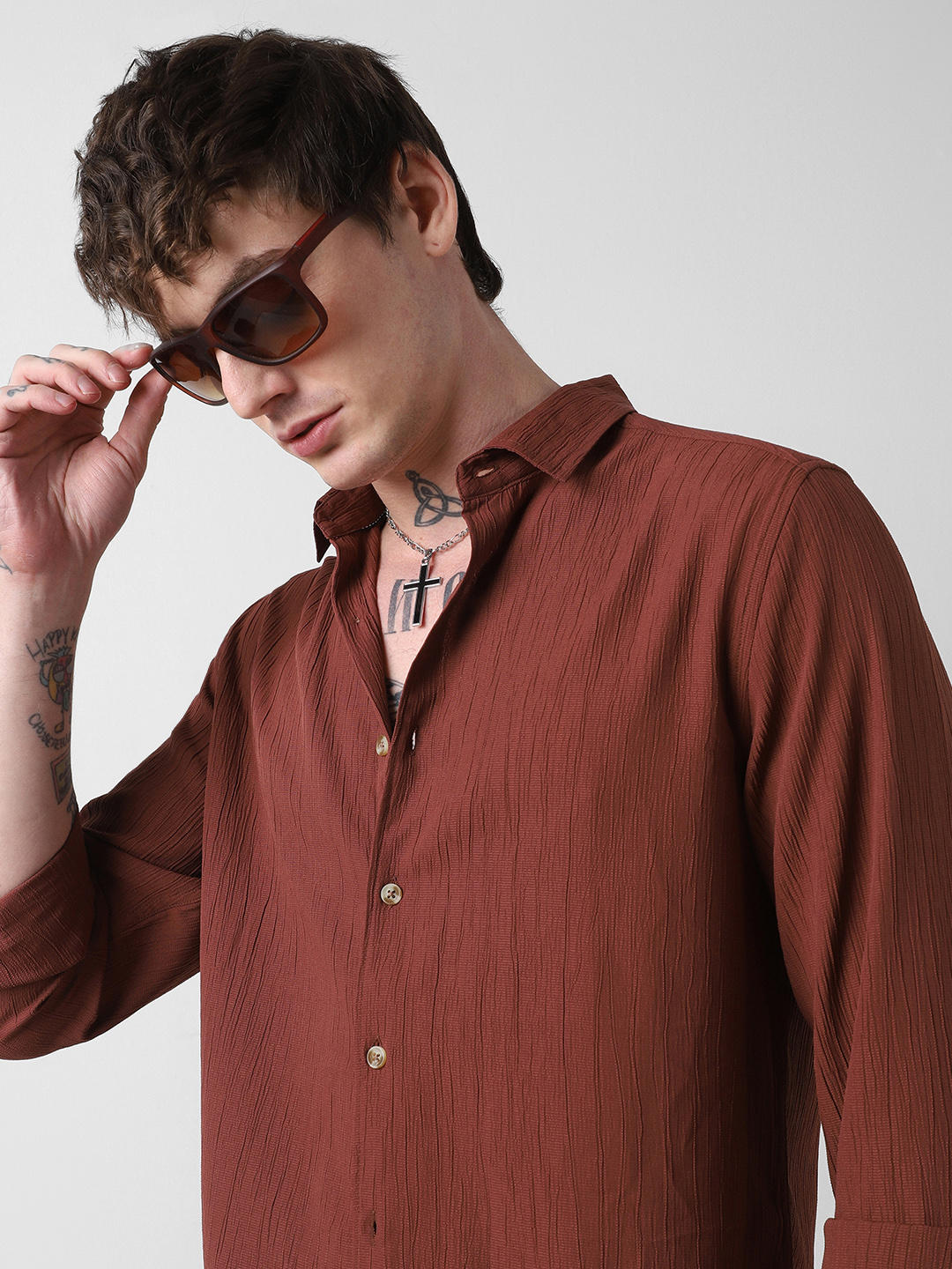 Toffee Brown Line Textured Shirt