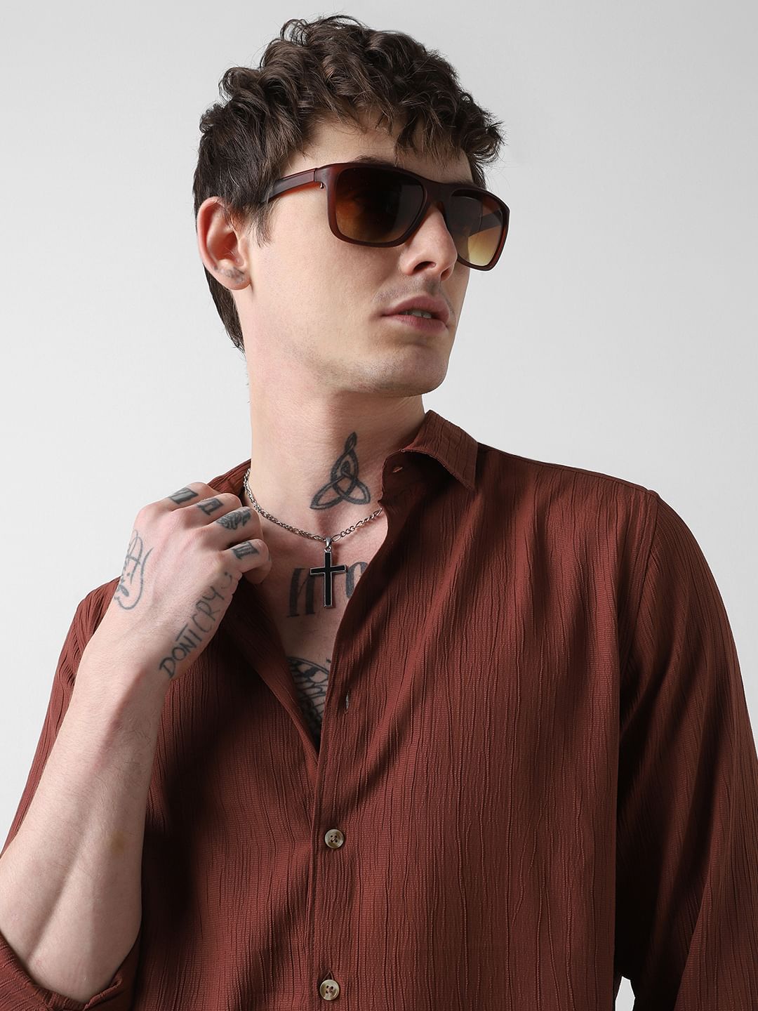 Toffee Brown Line Textured Shirt