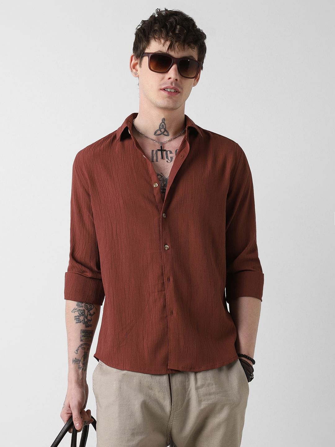 Toffee Brown Line Textured Shirt