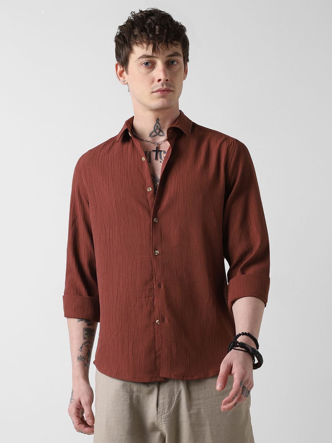 Toffee Brown Line Textured Shirt