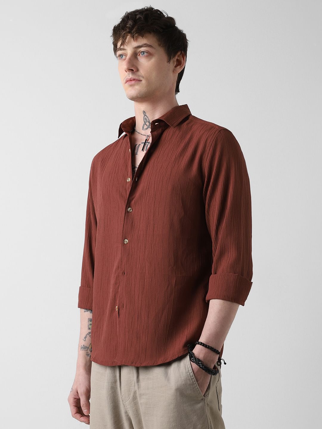 Toffee Brown Line Textured Shirt
