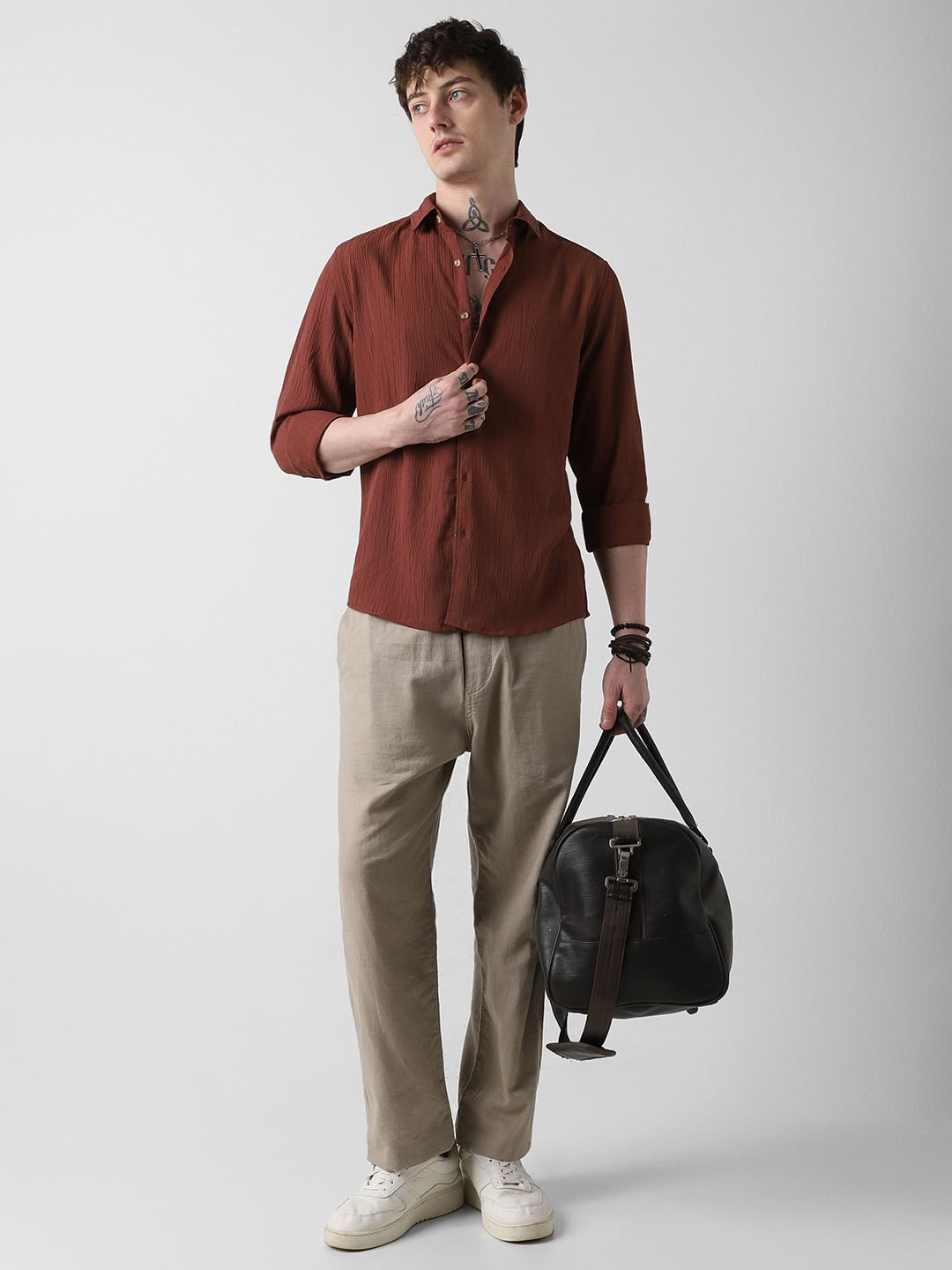 Toffee Brown Line Textured Shirt