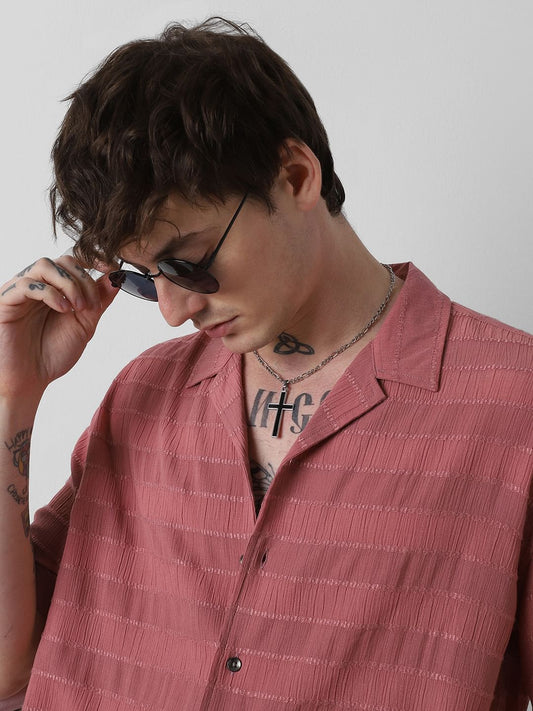 Peach Blossom Dobby Striped Notch Collar Oversized Shirt