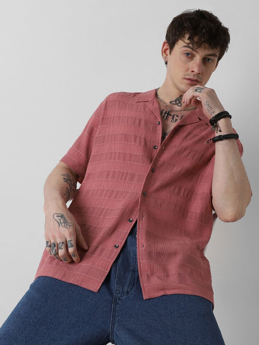 Peach Blossom Dobby Striped Notch Collar Oversized Shirt