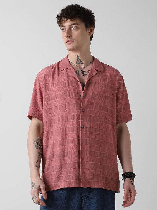 Peach Blossom Dobby Striped Notch Collar Oversized Shirt