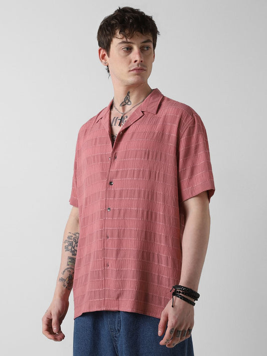 Peach Blossom Dobby Striped Notch Collar Oversized Shirt