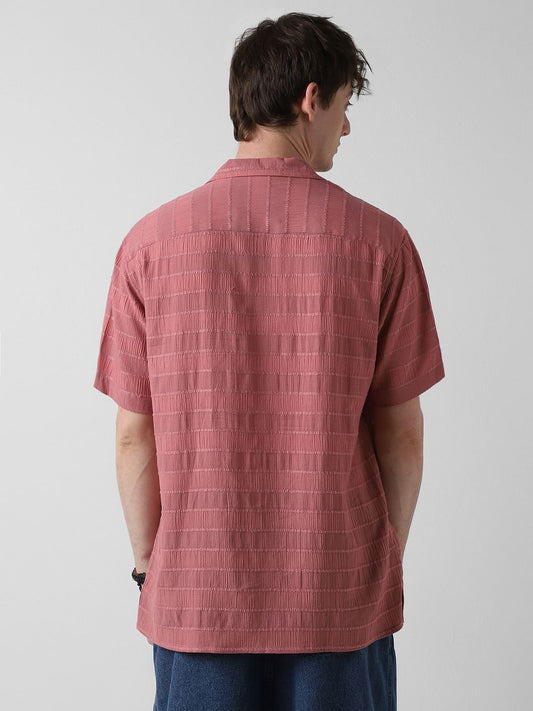 Peach Blossom Dobby Striped Notch Collar Oversized Shirt