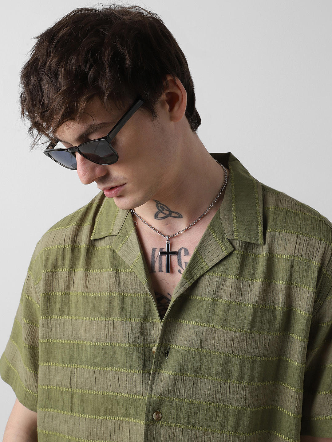 Olive Dobby Striped Notch Collar Oversized Shirt