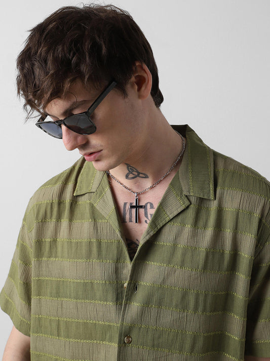 Olive Dobby Striped Notch Collar Oversized Shirt