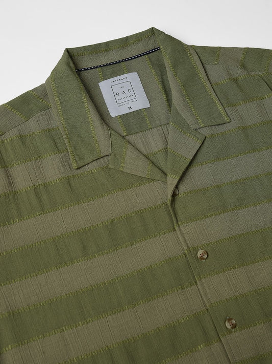 Olive Dobby Striped Notch Collar Oversized Shirt