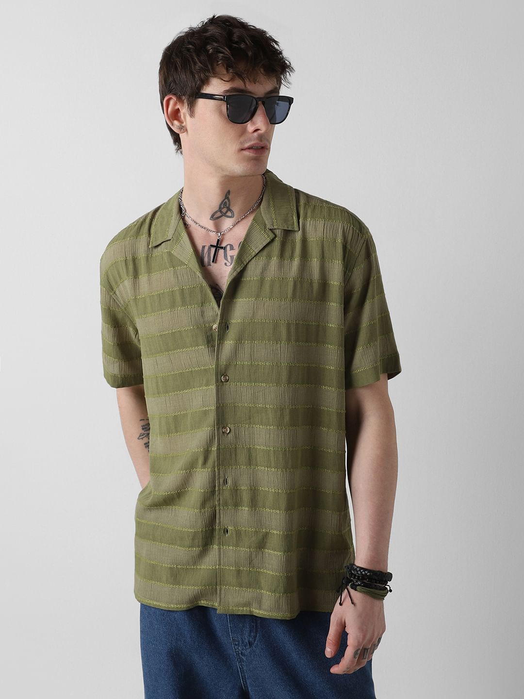 Olive Dobby Striped Notch Collar Oversized Shirt