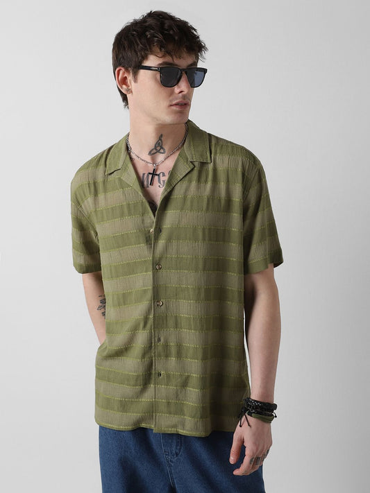 Olive Dobby Striped Notch Collar Oversized Shirt