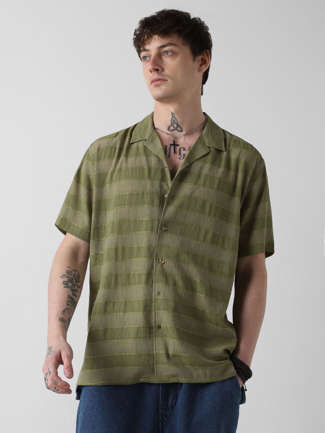 Olive Dobby Striped Notch Collar Oversized Shirt