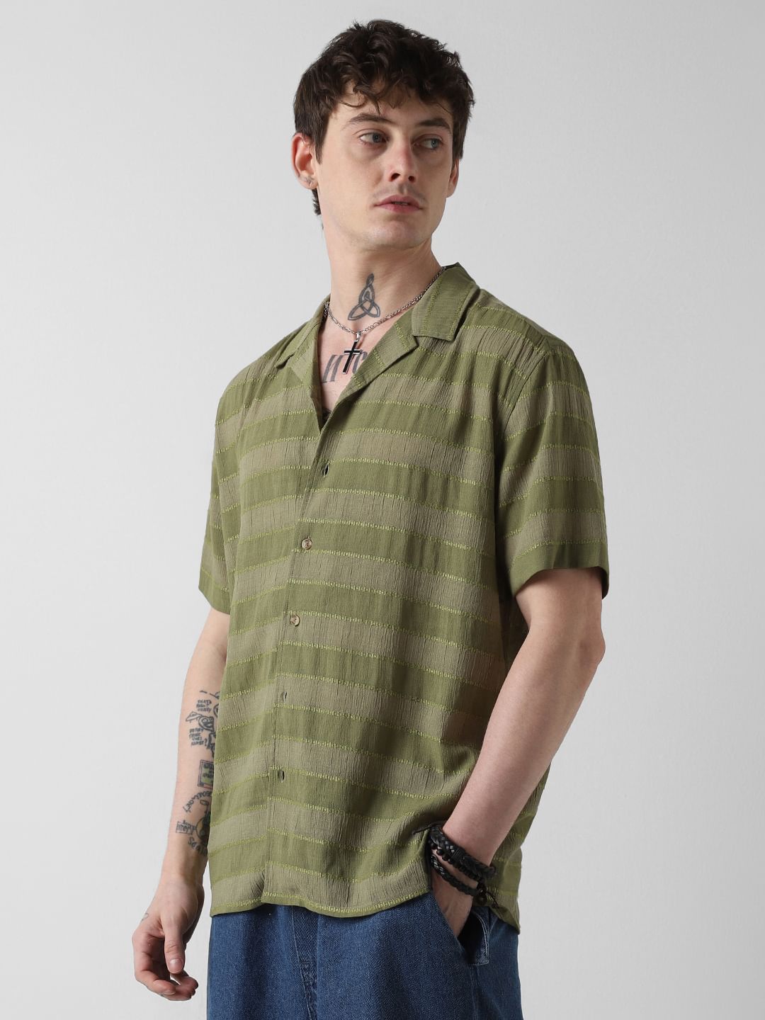 Olive Dobby Striped Notch Collar Oversized Shirt