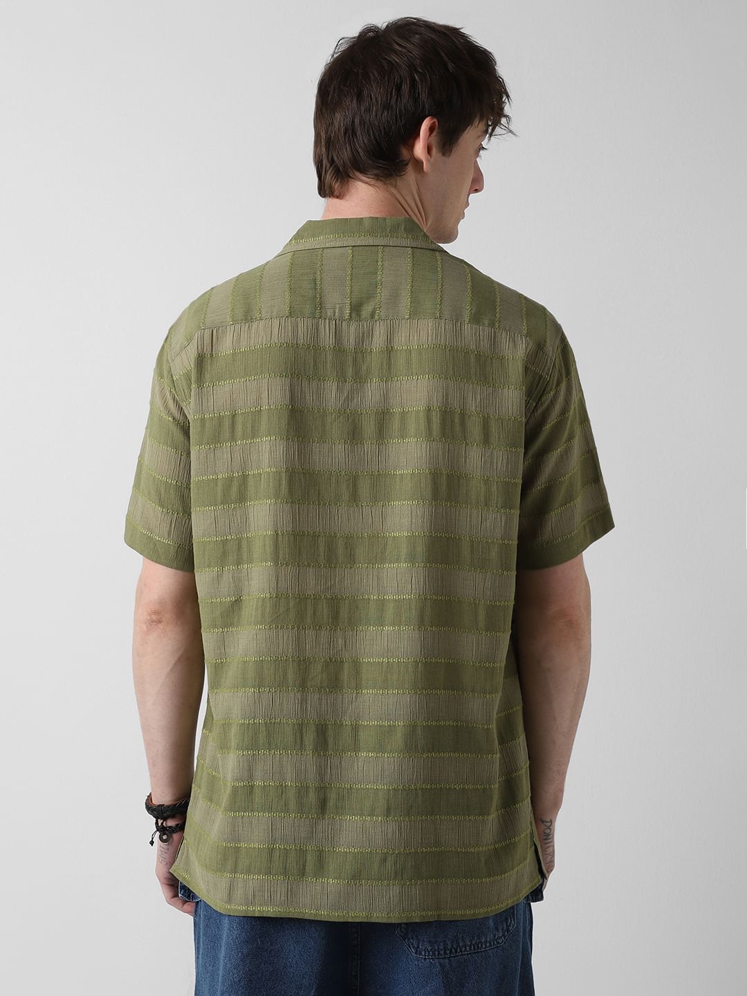Olive Dobby Striped Notch Collar Oversized Shirt