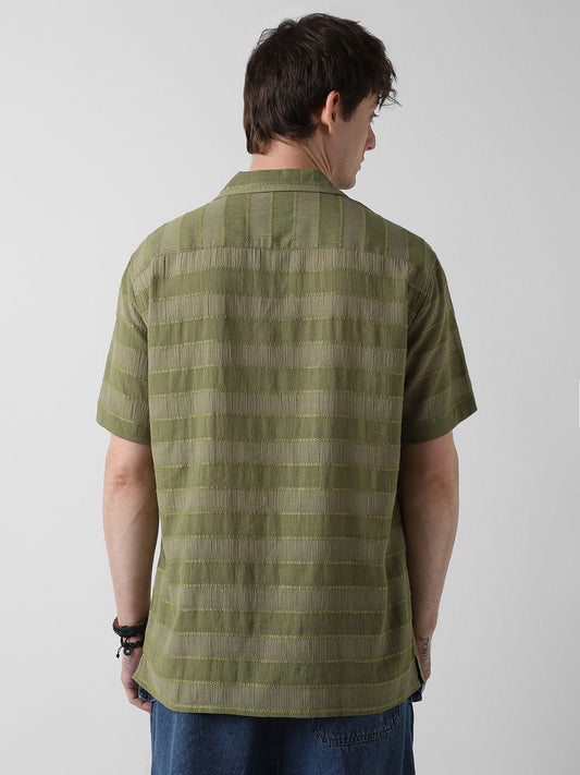 Olive Dobby Striped Notch Collar Oversized Shirt