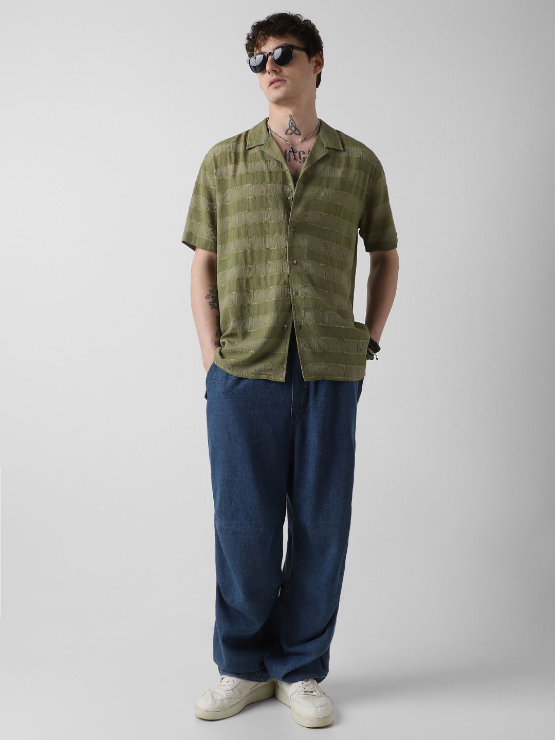 Olive Dobby Striped Notch Collar Oversized Shirt