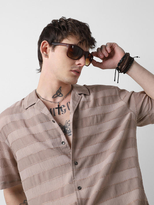 Stonish Beige Dobby Striped Oversized Shirt