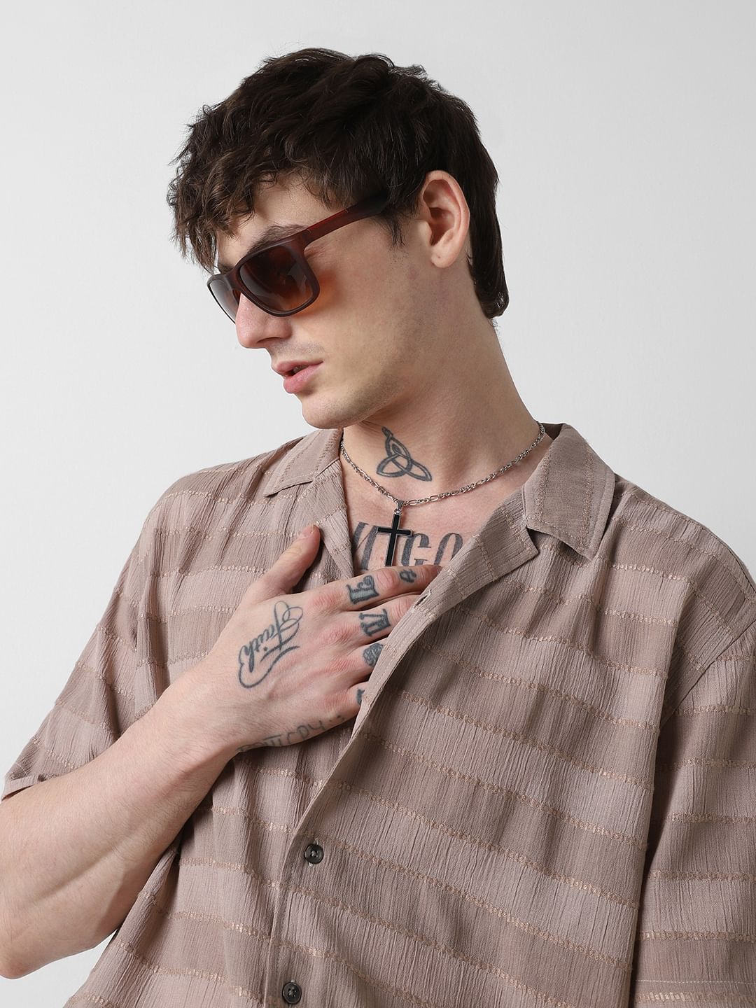 Stonish Beige Dobby Striped Oversized Shirt