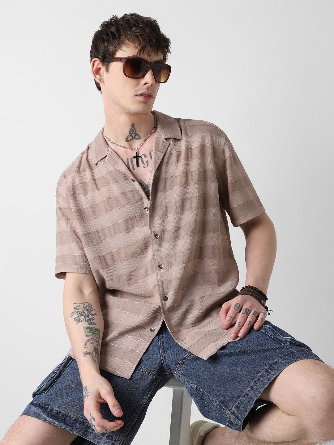 Stonish Beige Dobby Striped Oversized Shirt