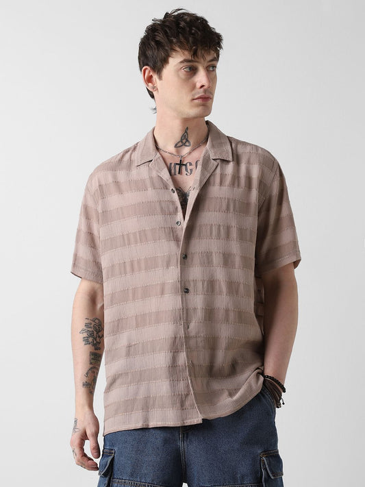 Stonish Beige Dobby Striped Oversized Shirt