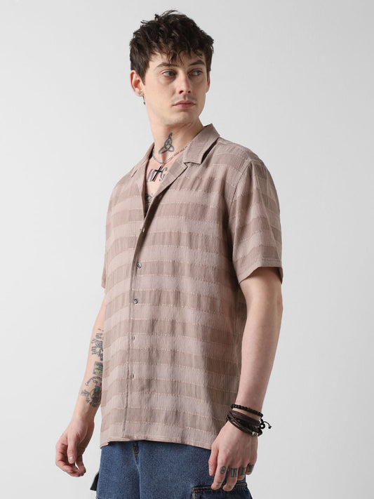 Stonish Beige Dobby Striped Oversized Shirt