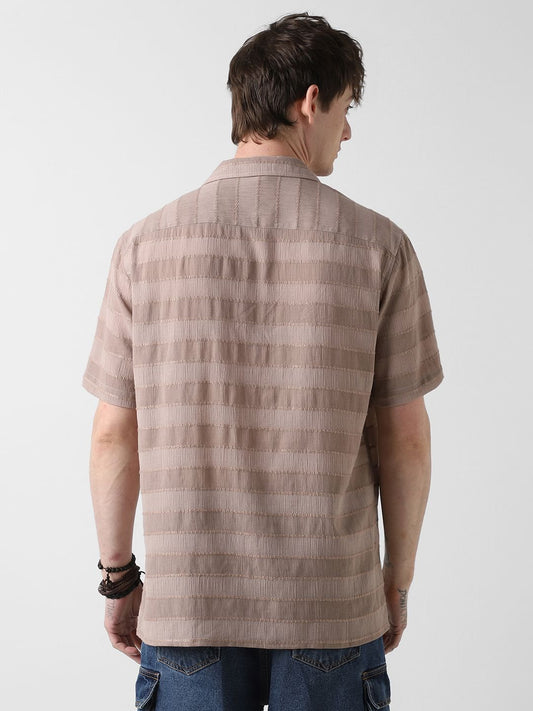 Stonish Beige Dobby Striped Oversized Shirt