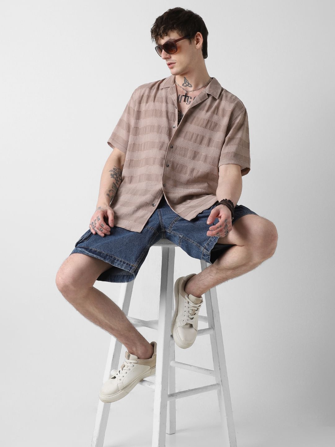 Stonish Beige Dobby Striped Oversized Shirt