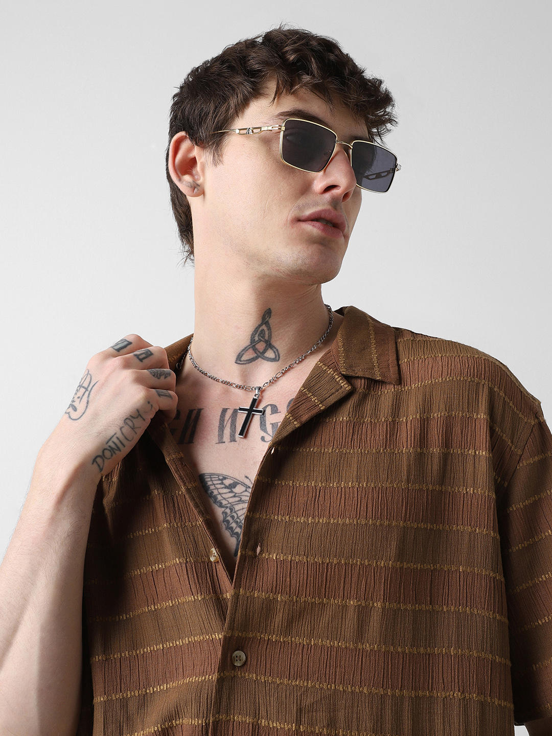 Sepia Dobby Striped Notch Collar Oversized Shirt