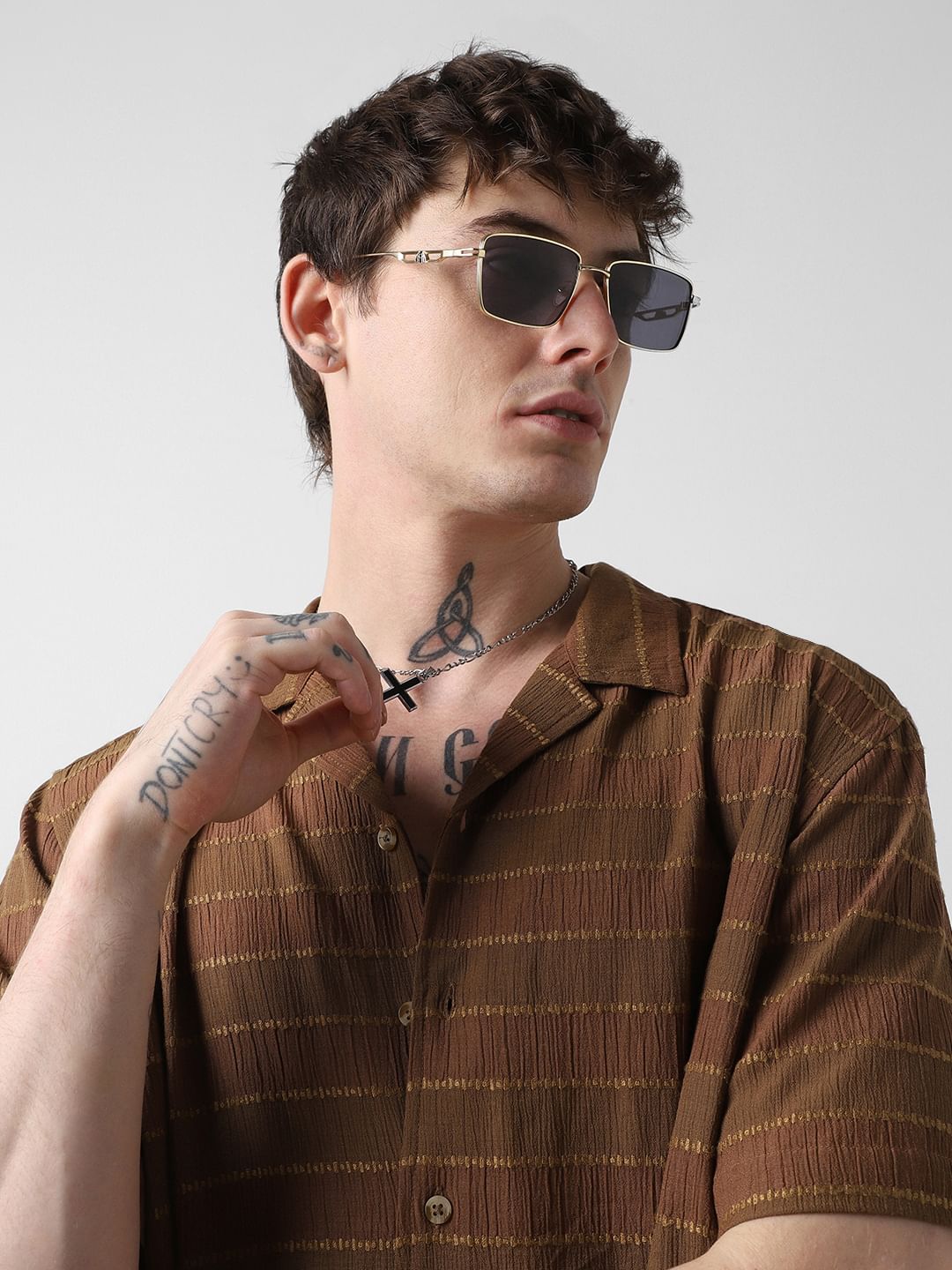 Sepia Dobby Striped Notch Collar Oversized Shirt