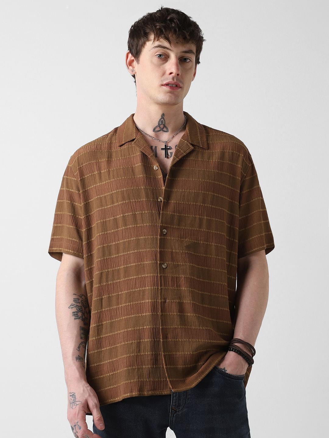 Sepia Dobby Striped Notch Collar Oversized Shirt