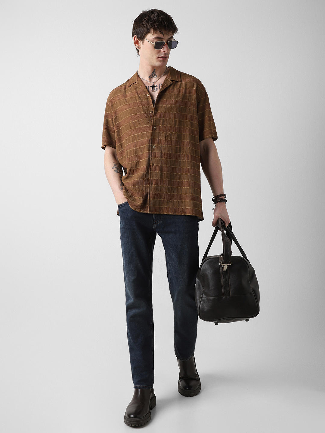 Sepia Dobby Striped Notch Collar Oversized Shirt