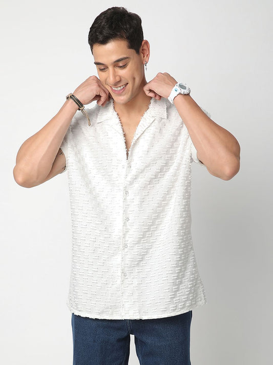 Snow White Jacquard Tufts Notch Collar Oversized Shirt