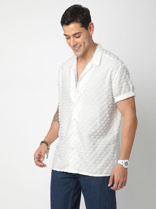 Snow White Jacquard Tufts Notch Collar Oversized Shirt