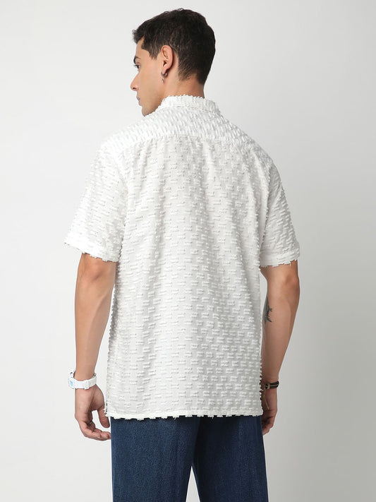 Snow White Jacquard Tufts Notch Collar Oversized Shirt