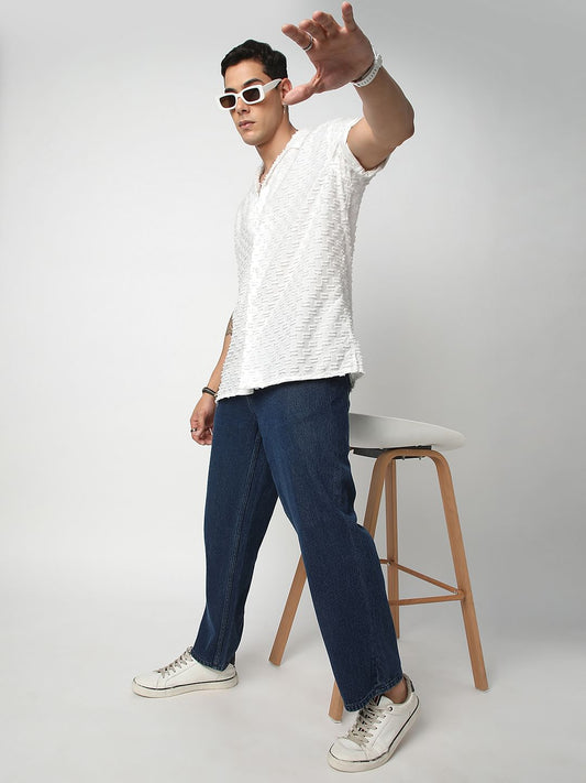 Snow White Jacquard Tufts Notch Collar Oversized Shirt