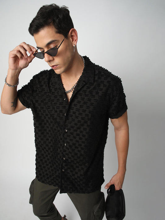 Black Jacquard Tufts Notch Collar Oversized Shirt