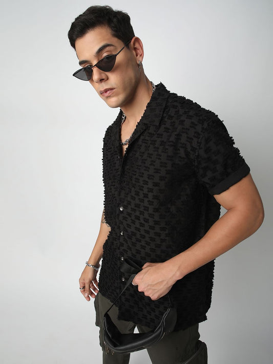 Black Jacquard Tufts Notch Collar Oversized Shirt
