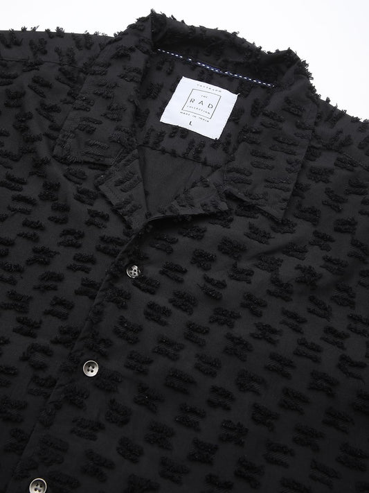Black Jacquard Tufts Notch Collar Oversized Shirt