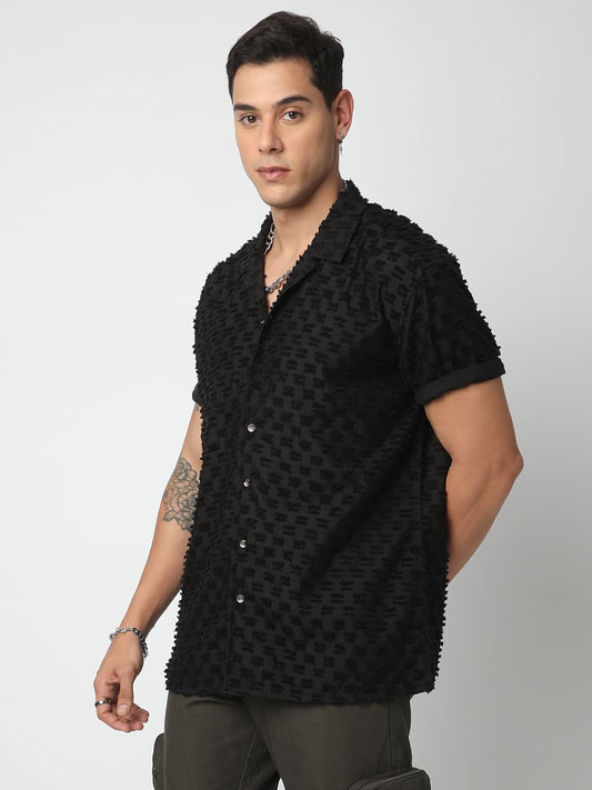 Black Jacquard Tufts Notch Collar Oversized Shirt