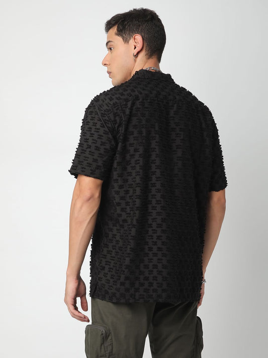 Black Jacquard Tufts Notch Collar Oversized Shirt