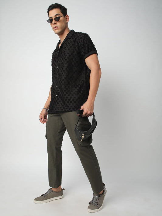 Black Jacquard Tufts Notch Collar Oversized Shirt