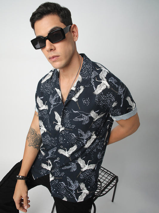 Navy Crane Printed Notch Collar Oversized Shirt