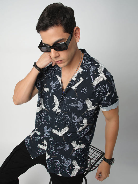 Navy Crane Printed Notch Collar Oversized Shirt