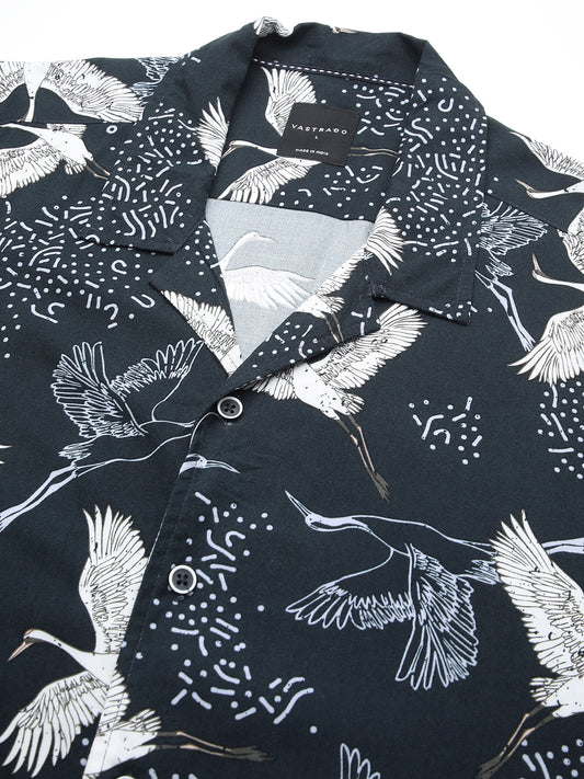 Navy Crane Printed Notch Collar Oversized Shirt