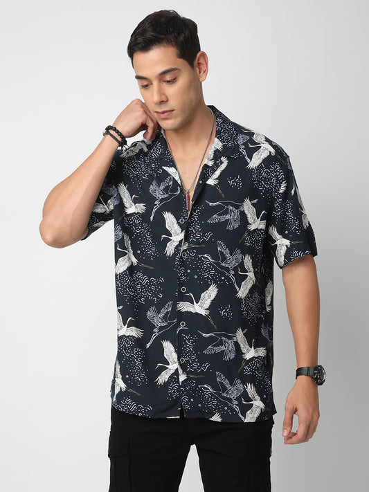 Navy Crane Printed Notch Collar Oversized Shirt
