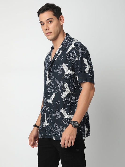 Navy Crane Printed Notch Collar Oversized Shirt