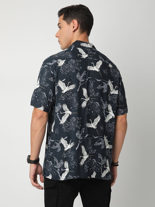Navy Crane Printed Notch Collar Oversized Shirt